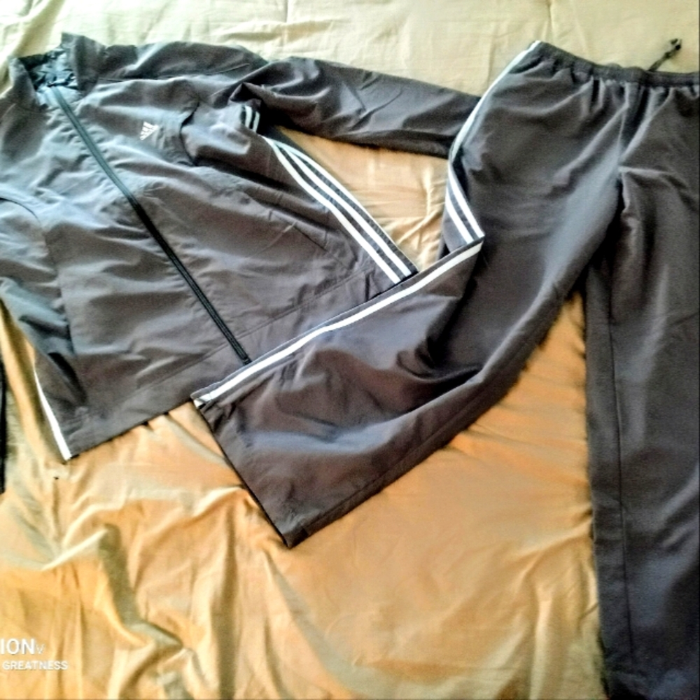 Adidas Gray Tracksuit with baby blue stripes